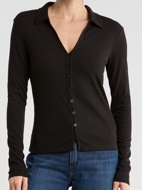 Sanctuary Black Ribbed Button-Down Long Sleeve Top
